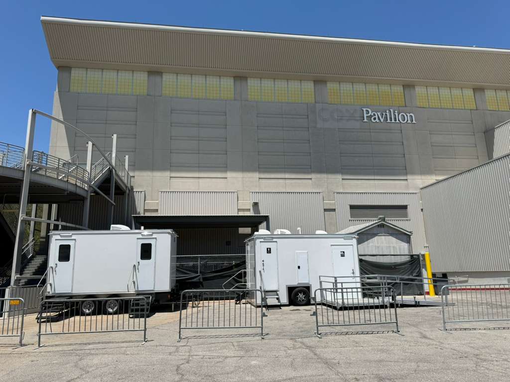 The Lavatory restroom trailer at Cox Pavilion (UNLV). Arena event back-of-house and crew support