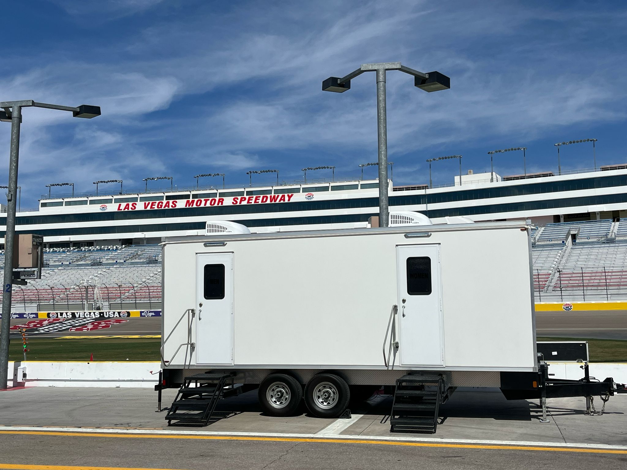 The Lavatory restroom trailer at Las Vegas Motor Speedway. Race-weekend pit and paddock support