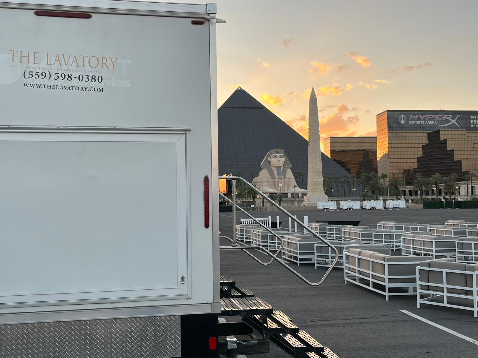 The Lavatory restroom trailer at Luxor Las Vegas. Resort facilities remodel coverage