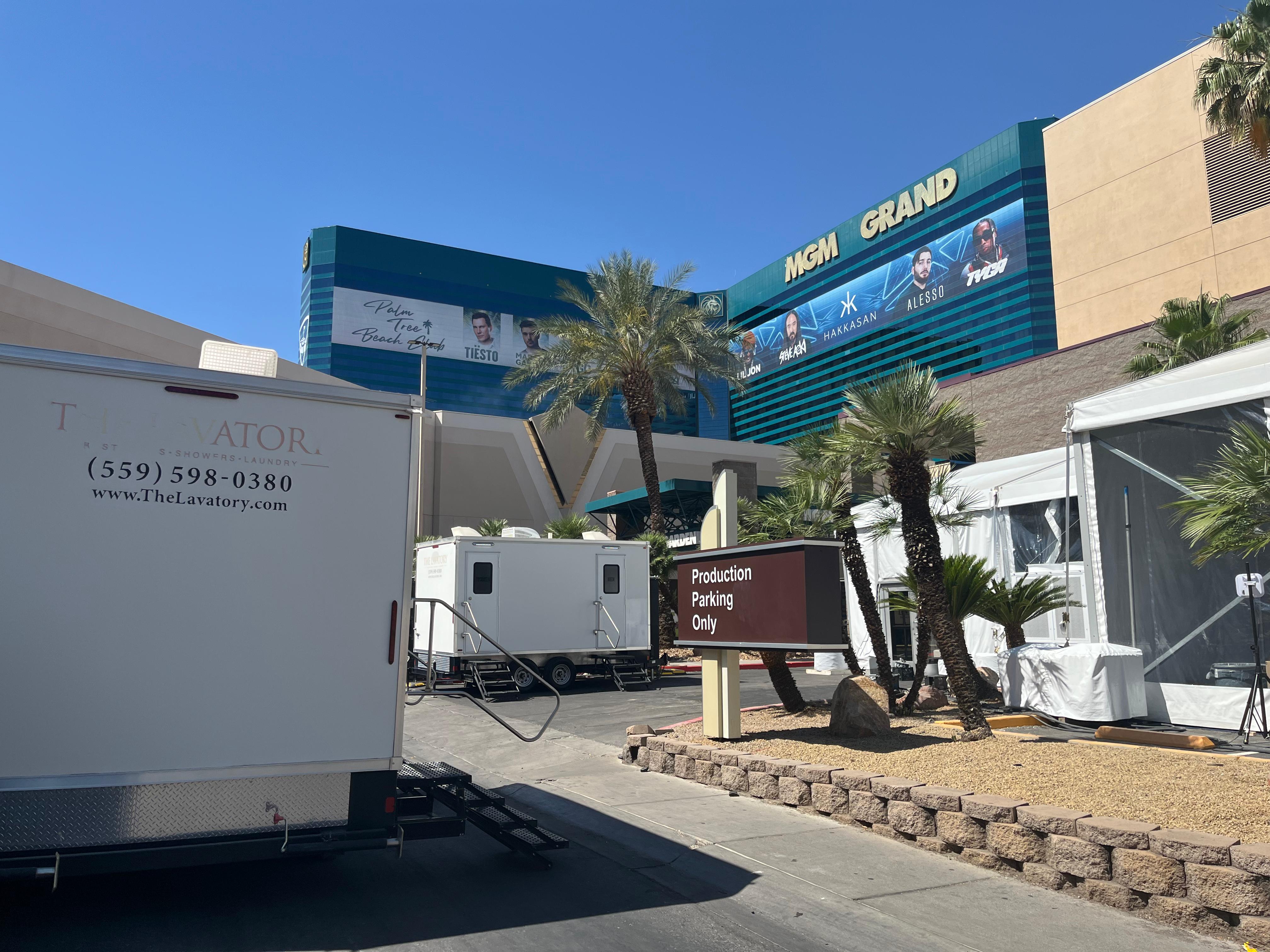 The Lavatory restroom trailer at MGM Grand Las Vegas. Resort production support, back-of-house