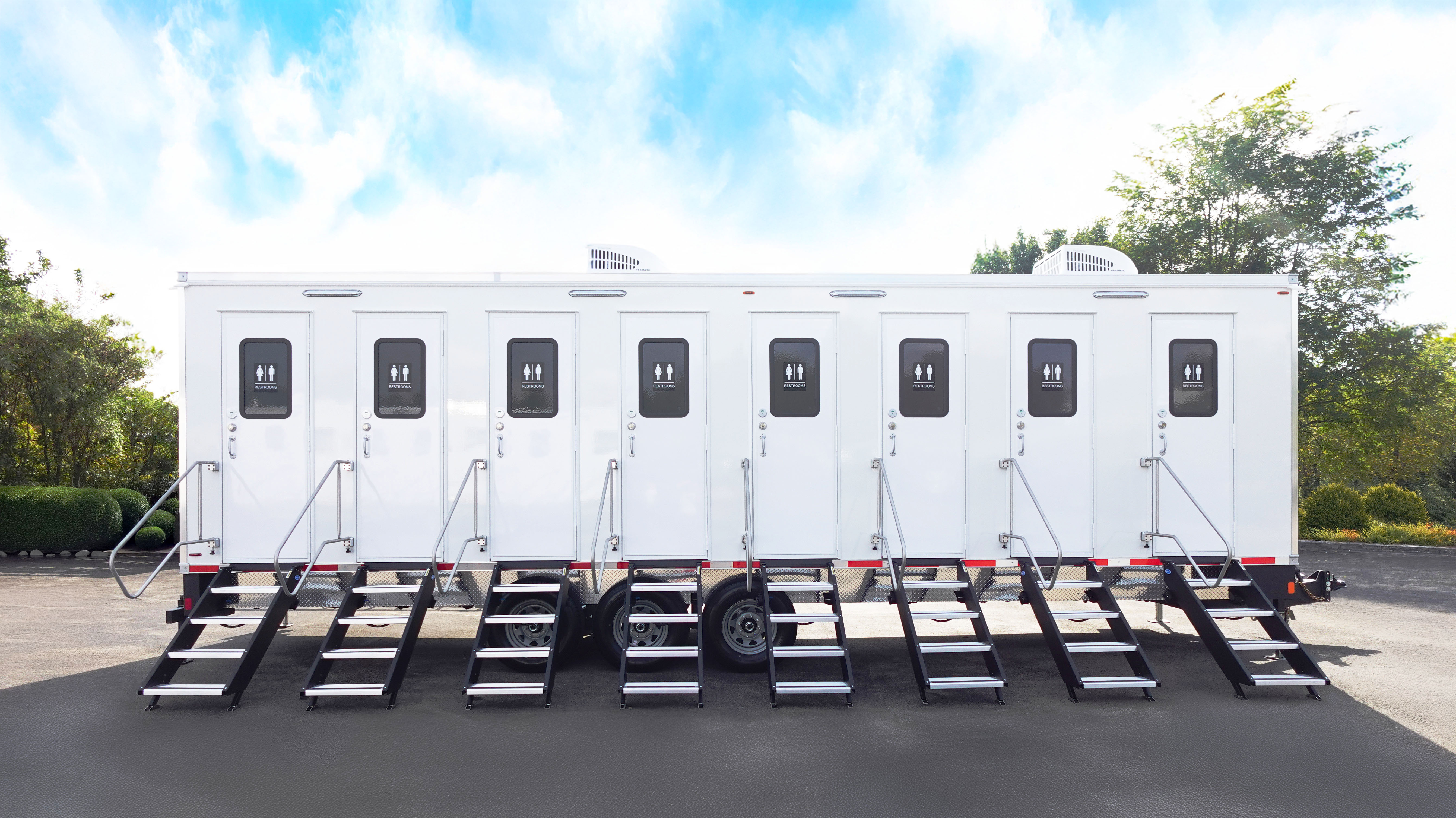 8 station private restroom trailer rental Denver. Eight individual unisex rooms for large jobsites and events
