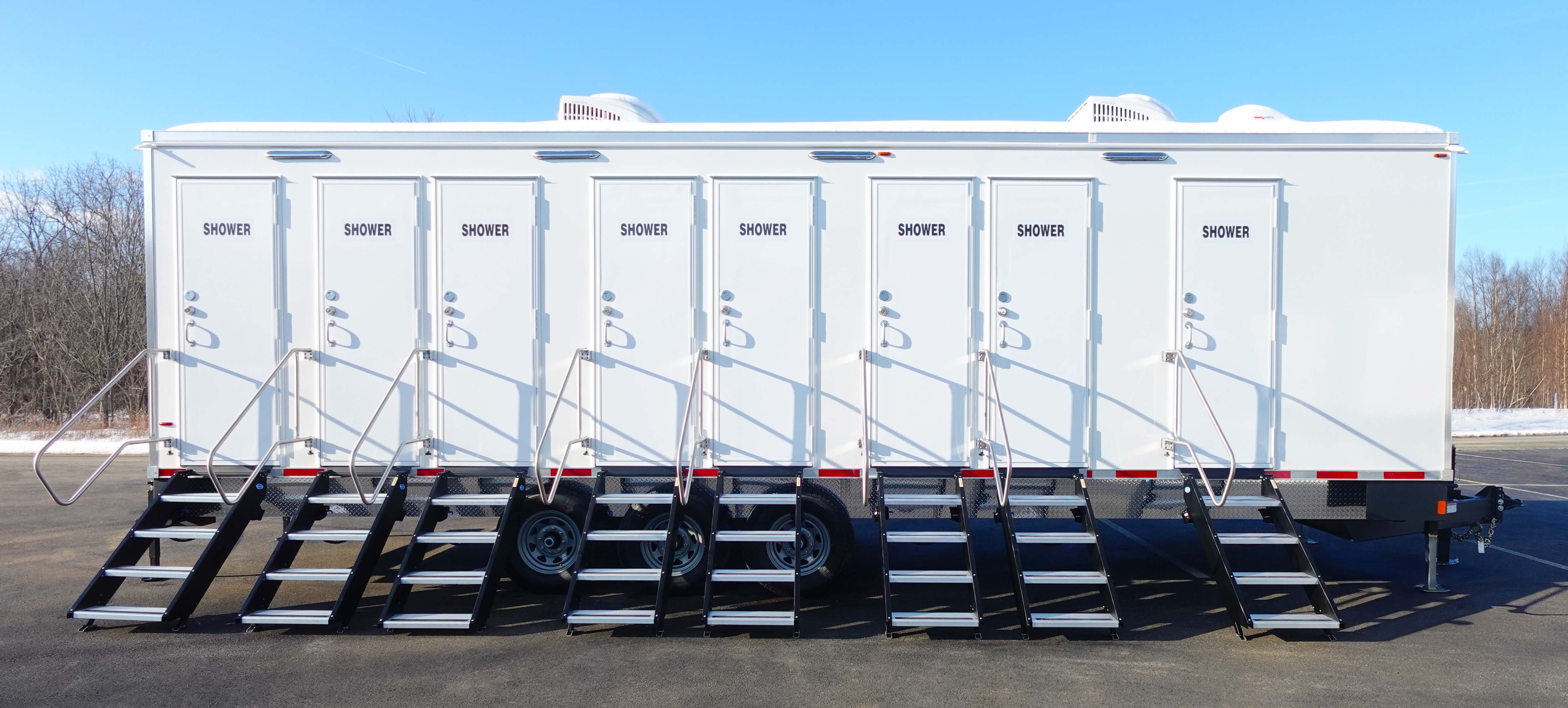 8 station private shower trailer rental Denver. Eight private shower cabins with exterior hand wash stations