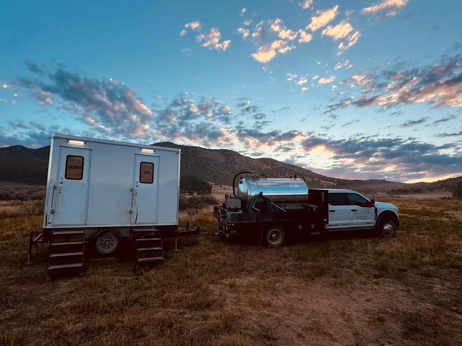 Denver rural ranch luxury restroom trailer rental. Remote location bathroom trailer for ranch events and oilfield operations